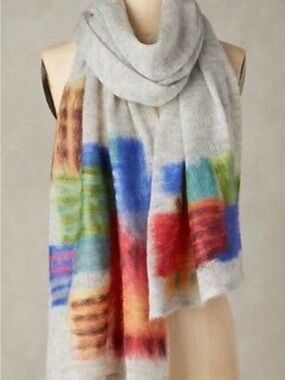 Anthro Troubadour Painterly Mohair Abstract Oversized Fuzzy Knit Scarf Wrap